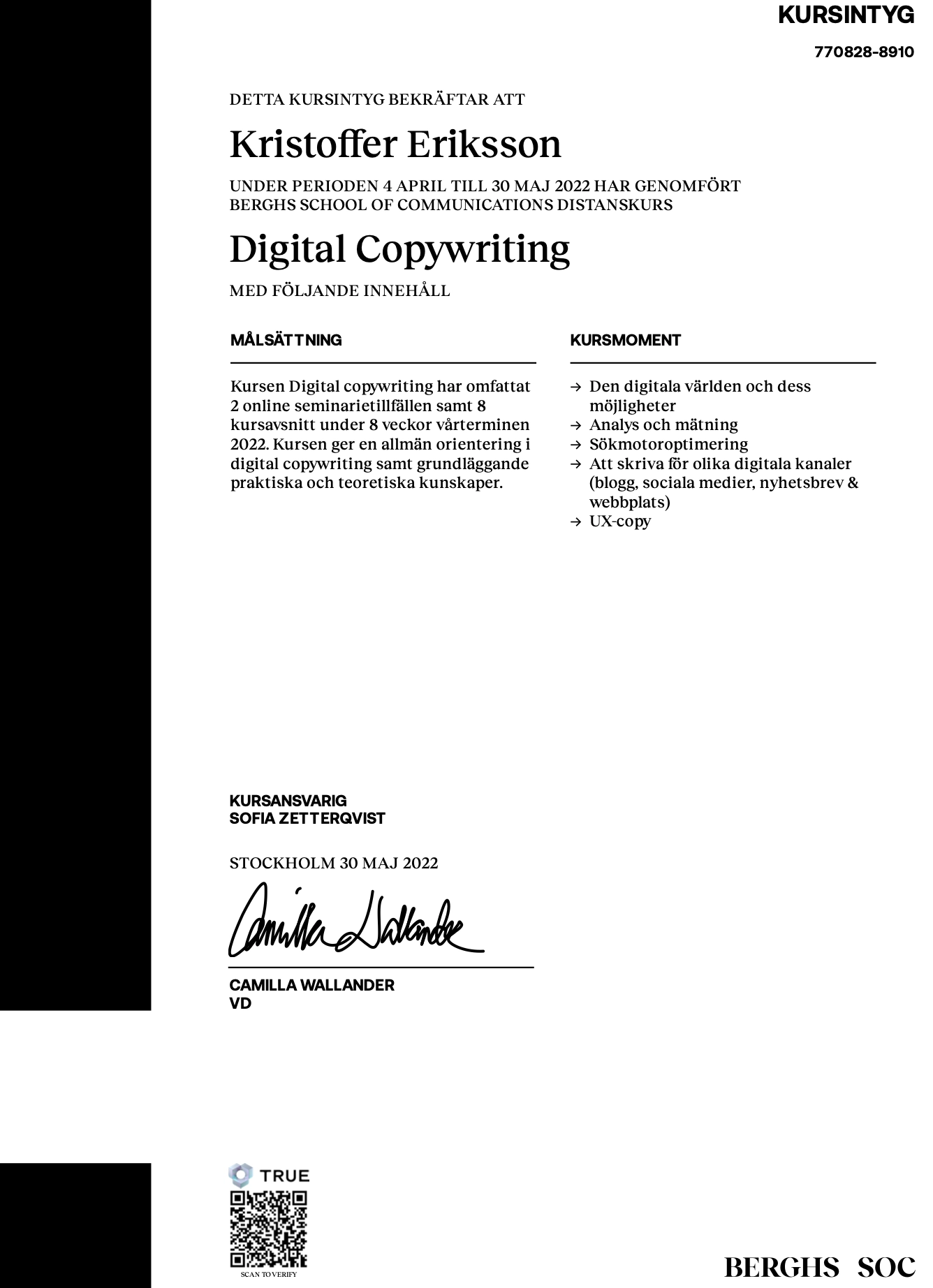 Kursintyg från Berghs - Digital Copywriting